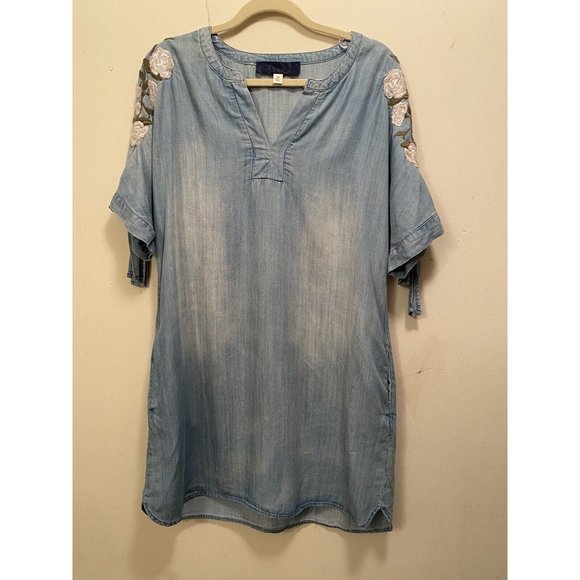 BLUE RAIN Dress Sand Washed Look Chambray Embroidered Cold Shoulder Pockets Med - Picture 11 of 12